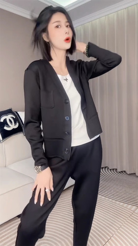 休闲时尚套装女2024秋新款气质V领开衫外套小脚裤显瘦高档两件套 - 图0