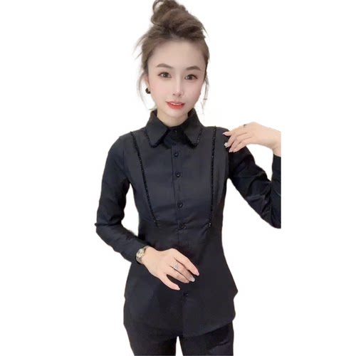 时尚衬衫女2025秋新款气质通勤百搭重工串珠修身显瘦娃娃领打底衫 - 图3
