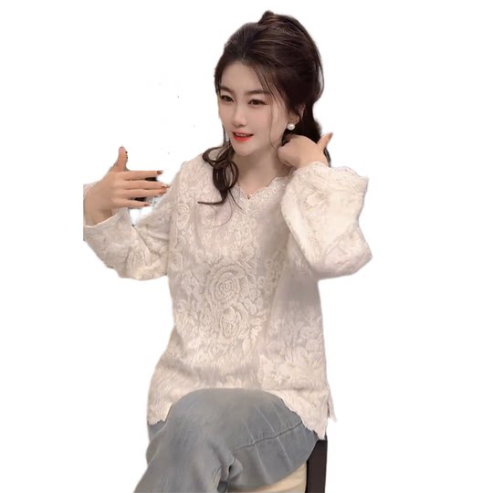 蕾丝衫女2025春季新款气质女神范高级感V领刺绣百搭上衣打底衫冬