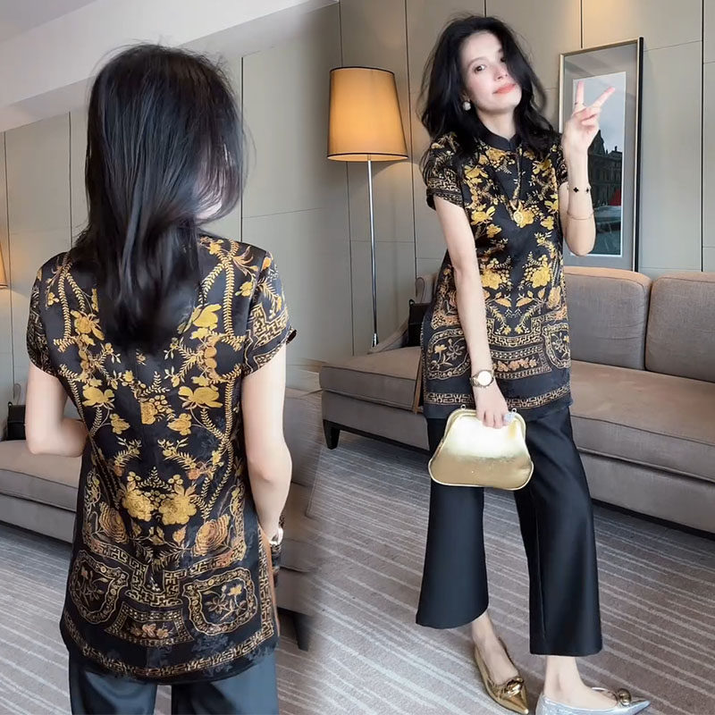 国风时尚套装女夏季新款高档气质开叉中长款花色衬衫阔腿裤两件套,淘宝优惠券,粉丝福利购,淘宝优惠卷