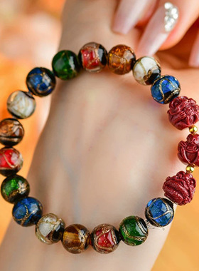 朱砂紫金砂三合手链古法香灰琉璃多包手串男女款合手链十二生肖