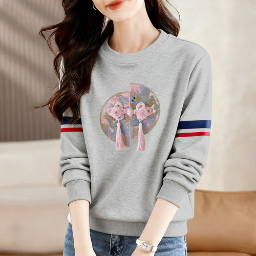 气质拼色国风印花长袖卫衣女百搭内搭遮肉显瘦打底衫纯棉T恤上衣 - 图3