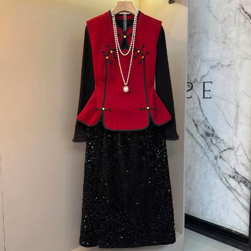 国风盘扣马甲亮片半身裙打底衫套装胖mm2026春冬显瘦宽松大码女装,淘宝优惠券,粉丝福利购,淘宝优惠卷