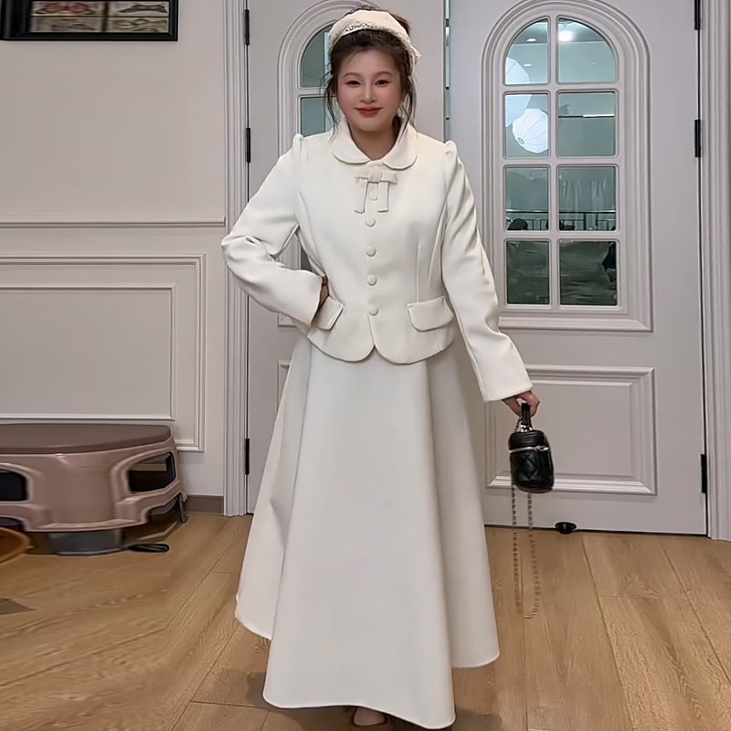 蝴蝶结加棉毛呢外套A字半身裙胖mm2025冬季新款显瘦宽松大码女装,淘宝优惠券,粉丝福利购,淘宝优惠卷