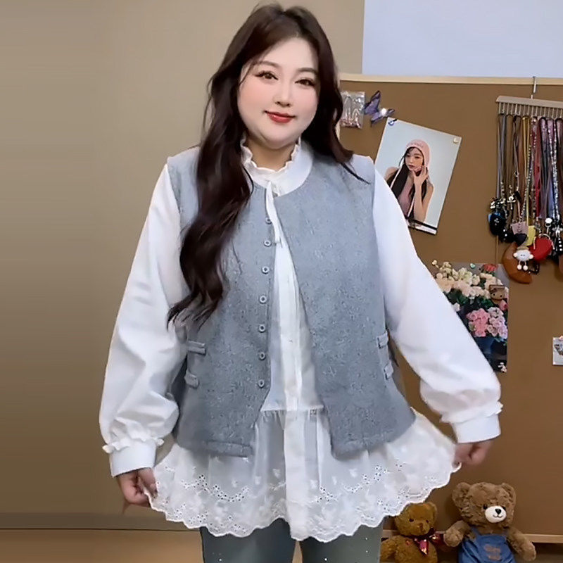 叠穿蕾丝边衬衫女遮肉毛呢马甲胖mm2026春冬新款显瘦宽松大码女装,淘宝优惠券,粉丝福利购,淘宝优惠卷