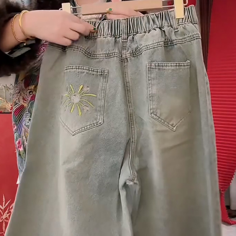 烟花刺绣牛仔阔腿裤休闲女裤子胖mm2026春冬新款宽松显瘦大码女装,淘宝优惠券,粉丝福利购,淘宝优惠卷
