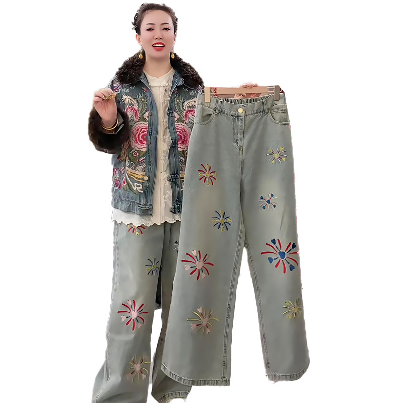 烟花刺绣牛仔阔腿裤休闲女裤子胖mm2026春冬新款宽松显瘦大码女装,淘宝优惠券,粉丝福利购,淘宝优惠卷