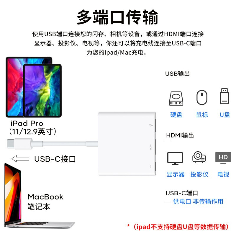 Apple/苹果原装正品MacbookPro电脑转接头拓展坞usb接口笔记本macair转换器hdmi投影配件U盘雷电3typec扩展坞