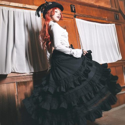 蒸汽大陆 蒸汽朋克steampunk黑色多层花边流苏抽带复古A型长半裙 - 图2