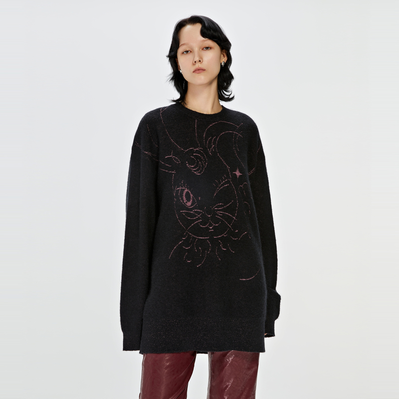 JNBY/江南布衣冬季马海毛毛针织衫中长款宽松休闲圆领动物印花女 - 图1