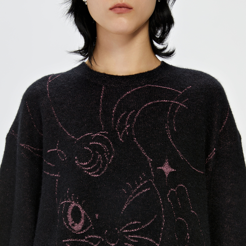 JNBY/江南布衣冬季马海毛毛针织衫中长款宽松休闲圆领动物印花女 - 图2