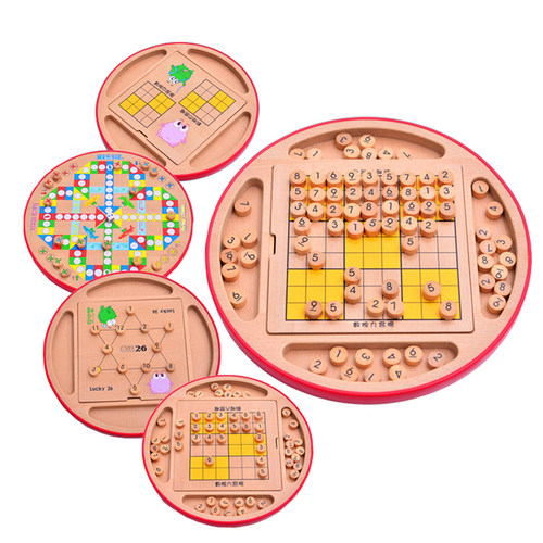 益智五合一数独棋盘小学生四六九宫格木质多功能儿童游戏玩具桌游 - 图0