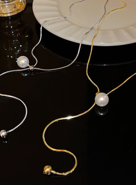 抽拉可调节项链珍珠吊坠轻奢小众高级感锁骨链钛钢不掉色颈链夏天