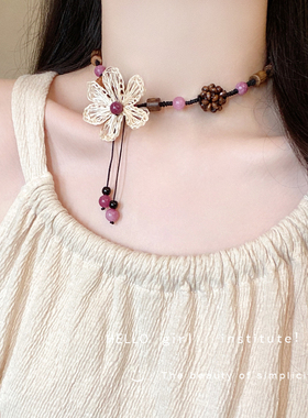 新中式菩提花朵项链女国风木质长款毛衣链日常百搭民族风抽绳配饰