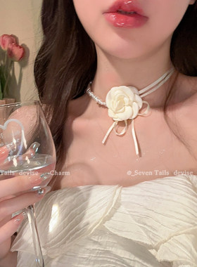 山茶花朵珠项链女choker锁骨链拼接轻奢小众系花颈链高级配饰