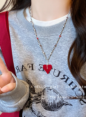 彩色编织绳红色爱心吊坠项链女百搭长款可抽拉毛衣链小众甜美颈链