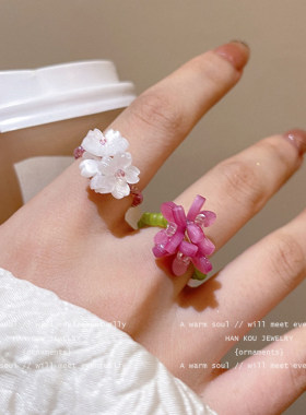 紫罗兰花朵弹力串珠戒指女夏日彩色甜美食指戒小众设计学生党指环