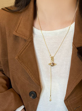 美拉德虎眼石土星项链女轻奢高级感长款毛衣链可调节抽拉挂脖配饰