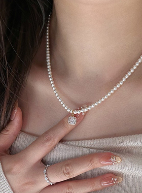 锆石方糖吊坠施家珠珠项链高级感轻奢小众锁骨链2025新款气质百搭