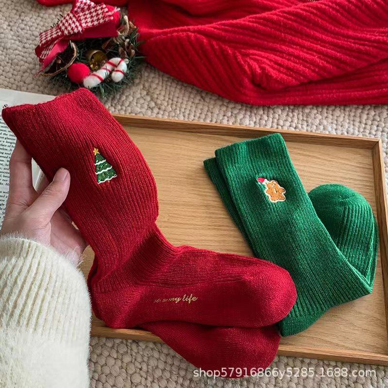 圣诞袜羊毛中筒袜子女加厚保暖袜节日圣诞节竖条纯色刺绣高筒,淘宝优惠券,粉丝福利购,淘宝优惠卷