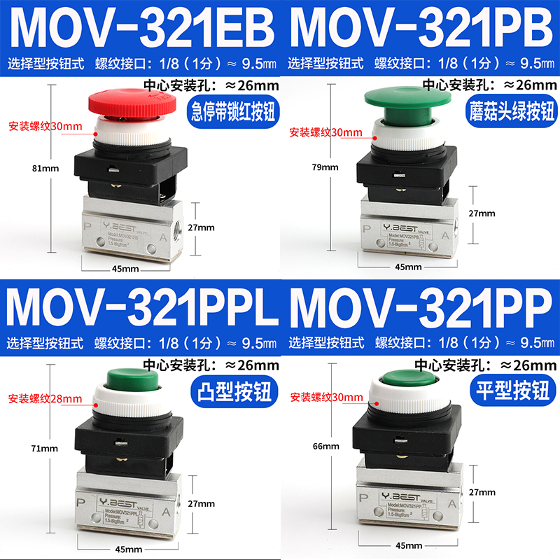 气动滚轮机械阀MOV321R-02限位行程开关PB03PP按钮01TB旋钮EB急停 - 图3