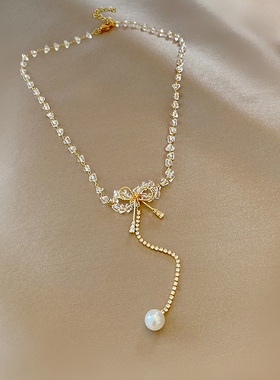 锆石蝴蝶结珍珠流苏项链女