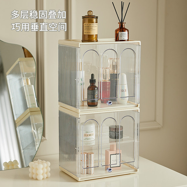 Multifunctional desktop storage box Multi-layer dustproof cosmetic storage cabinet Tea cup holder Figure debris transparent storage box