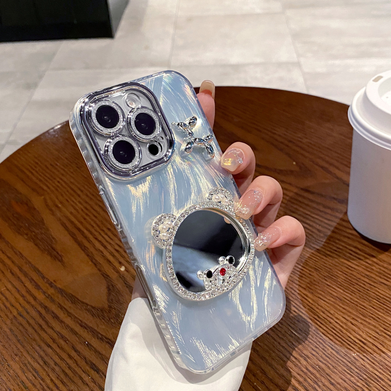 精孔羽纱适用步步高S19新款小熊补妆镜子手机壳vivoY52s创意闪粉镜头y200i女可爱水钻全包高级感软边保护套 - 图1