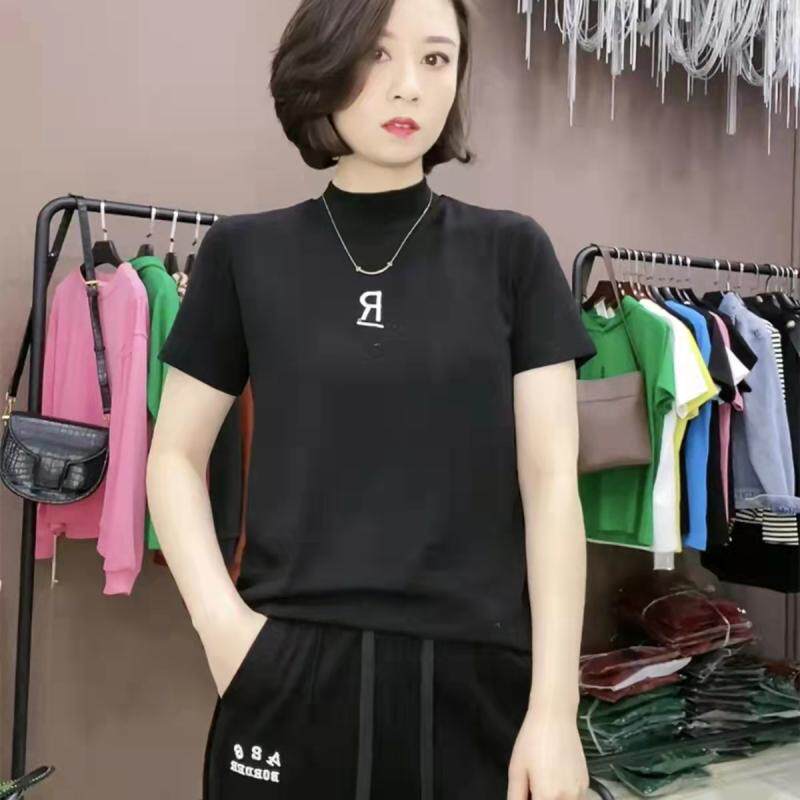2026春夏新款R字母刺绣立领短袖T恤打底衫女修身显瘦百搭体恤上衣