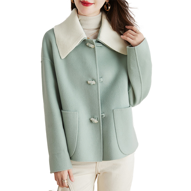 绿色短款羊毛呢大衣2023年新款澳洲羊毛手工双面绒羊毛外套女装潮