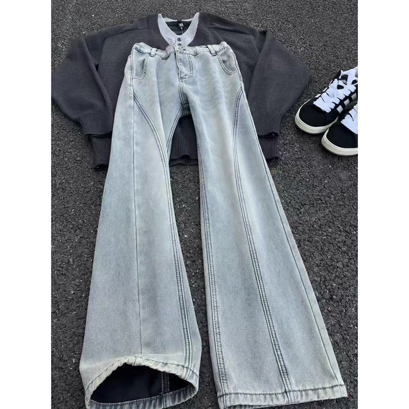 复古蓝美式斜切牛仔裤男款秋冬加绒加厚保暖裤子cleanfit微喇长裤,淘宝优惠券,粉丝福利购,淘宝优惠卷