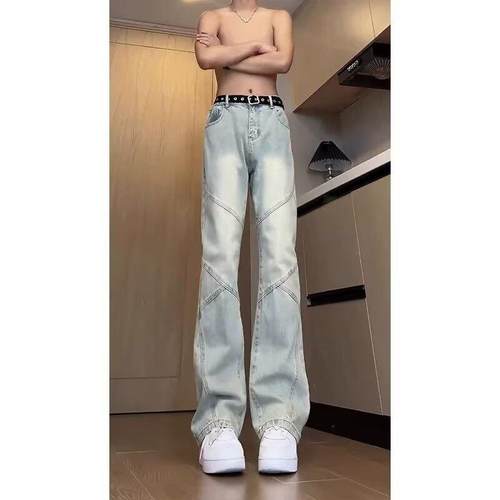 美式拼接微喇牛仔裤男款高个子加长皮带款裤子高街vibe直筒弯刀裤 - 图0