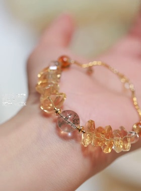 高档天然绿幽灵黄水晶钻切随形手链原创设计款搭配14K包金工艺