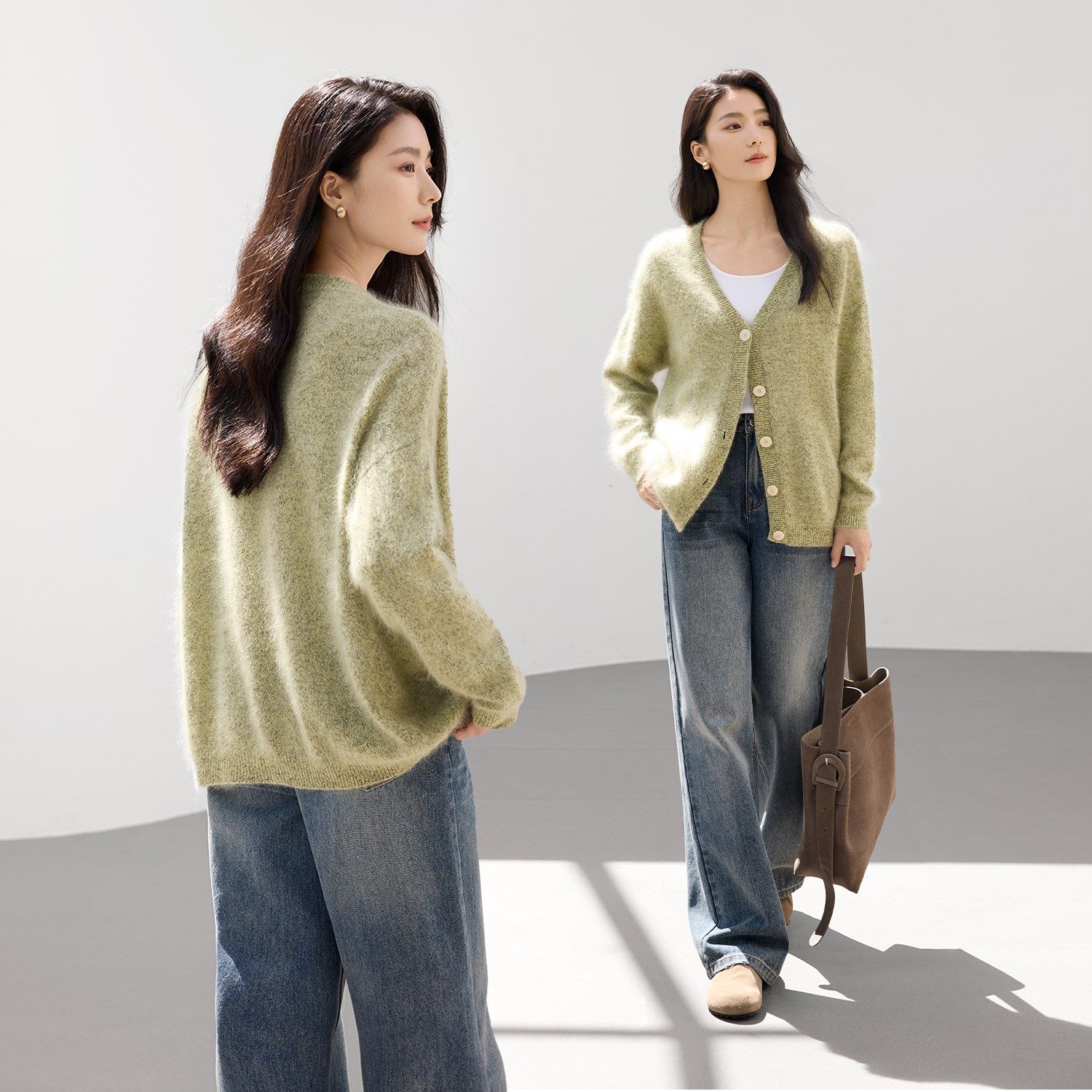 IHIMI海谧100绵羊毛拉绒开衫女冬季软糯慵懒风减龄苹果绿羊毛衫,淘宝优惠券,粉丝福利购,淘宝优惠卷