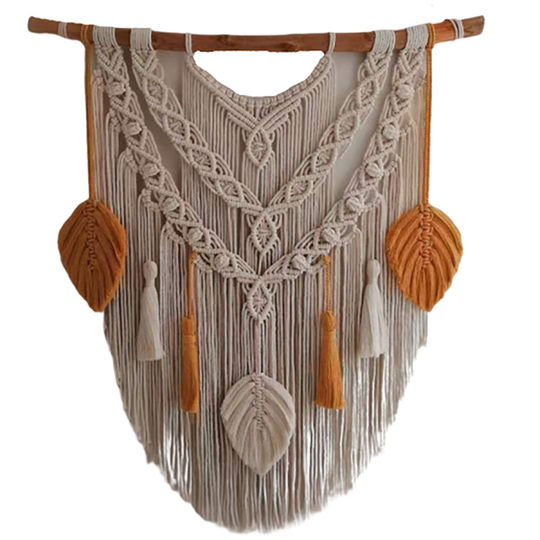 Einfacher handgewebter Wandteppich mit bunten Quastenblättern