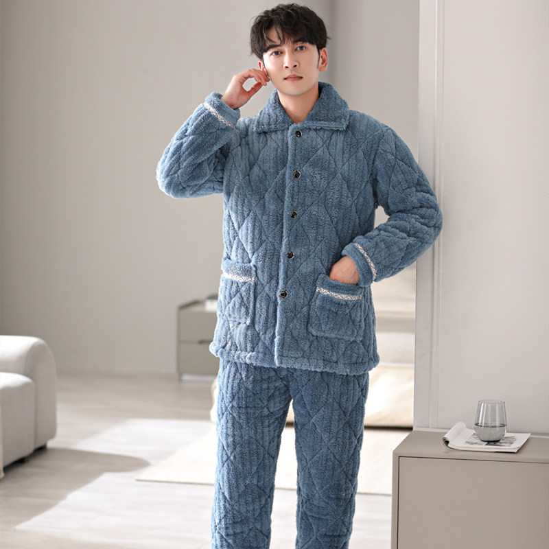 男士冬季珊瑚绒加绒青年三层夹睡衣 凯玥璐睡衣/家居服套装