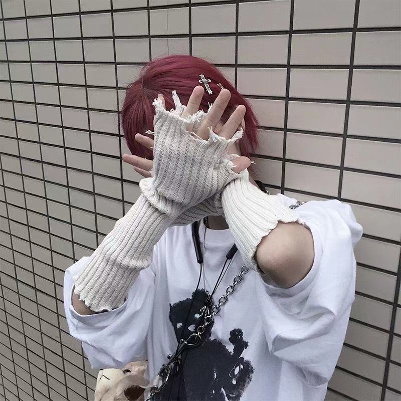 个性针织潮流撕裂手袖潮人ins男女保暖时尚臂套黑灰杏三色手套 - 图0