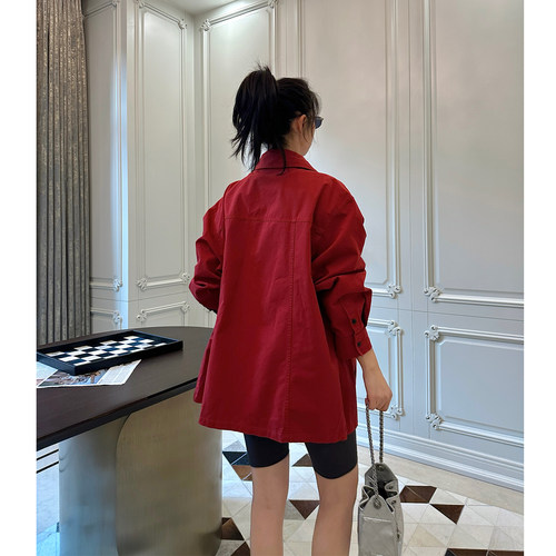 LeoMami孕妇装春款单排扣宽松工装外套复古中长款时髦休闲夹克 - 图2