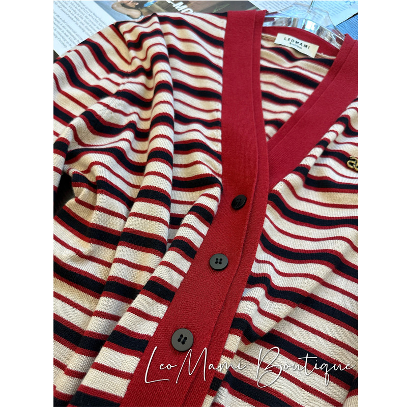 LeoＭami孕妇装秋款复古撞色条纹羊毛针织开衫时髦气质设计感外套,淘宝优惠券,粉丝福利购,淘宝优惠卷