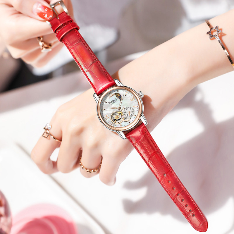 正品尼尚女士全自动真皮时尚机械表 nesun尼尚国产腕表