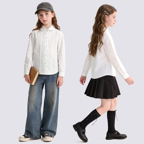 女童衬衫纯棉2026新款春秋儿童衬衣长袖白色上衣洋气女孩校服童装 - 图1