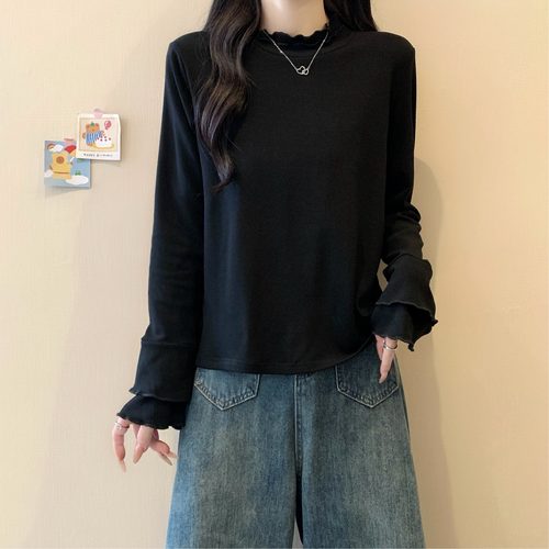 小吉家大码女装秋冬新款木耳边半高领长袖磨毛上衣显瘦打底T恤女 - 图3