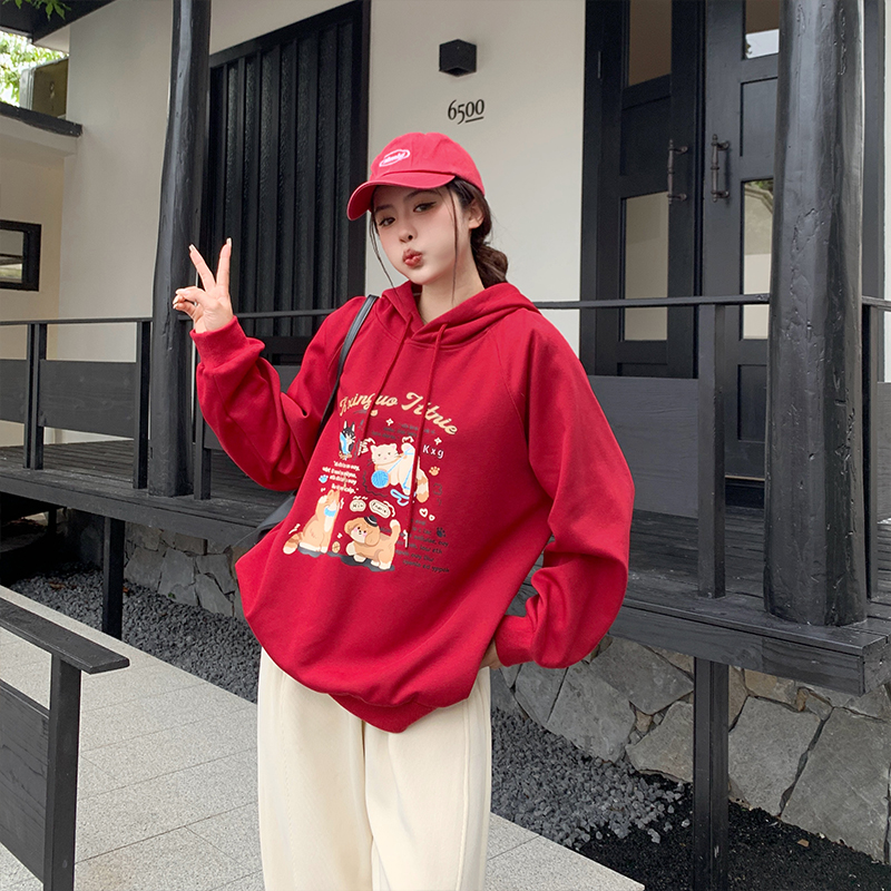 小吉家大码女装卡通印花减龄卫衣秋冬可爱印花宽松型显瘦连帽上衣 - 图2