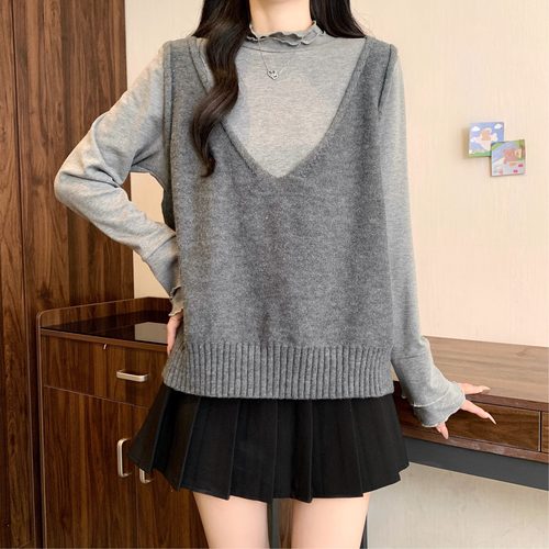 小吉家大码女装秋冬新款木耳边半高领长袖磨毛上衣显瘦打底T恤女 - 图1