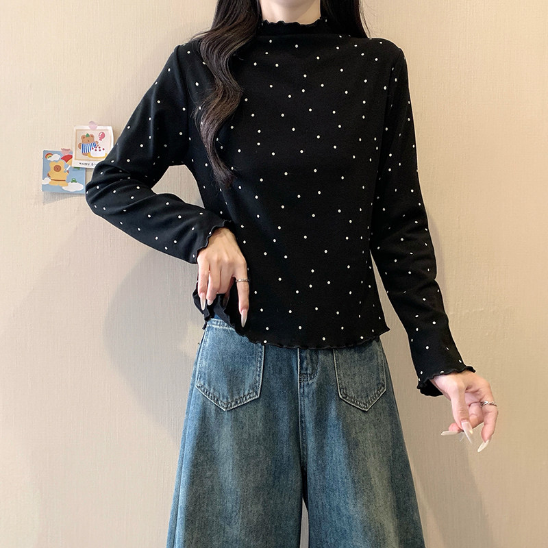 小吉家大码女装秋冬季新款半高领木耳边波点长袖打底上衣百搭T恤,淘宝优惠券,粉丝福利购,淘宝优惠卷