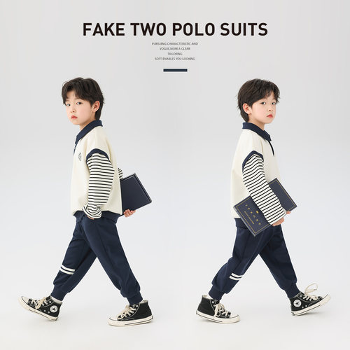 左西男童套装儿童潮帅气时髦学院风条纹假两件2024新款POLO两件套-图1