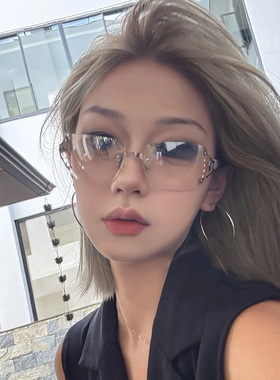 欧美无框镶钻墨镜女款Y2K辣妹凹造型网红水银色太阳眼镜大框显瘦