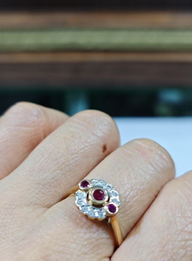 英国产Vintage珠宝14K黄金镶嵌天然红宝石钻石设计款戒指复古时尚