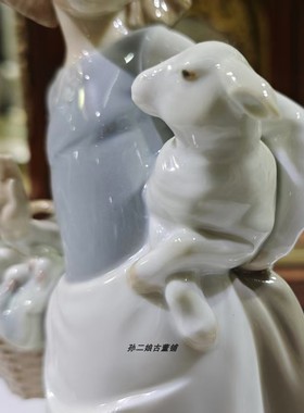 西班牙原产Lladro雅致瓷偶乡村女孩和小羊家居装饰摆件手工制中古