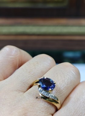英国Vintage珠宝伯明翰产9K黄金镶嵌天然堇青石钻石设计款戒指